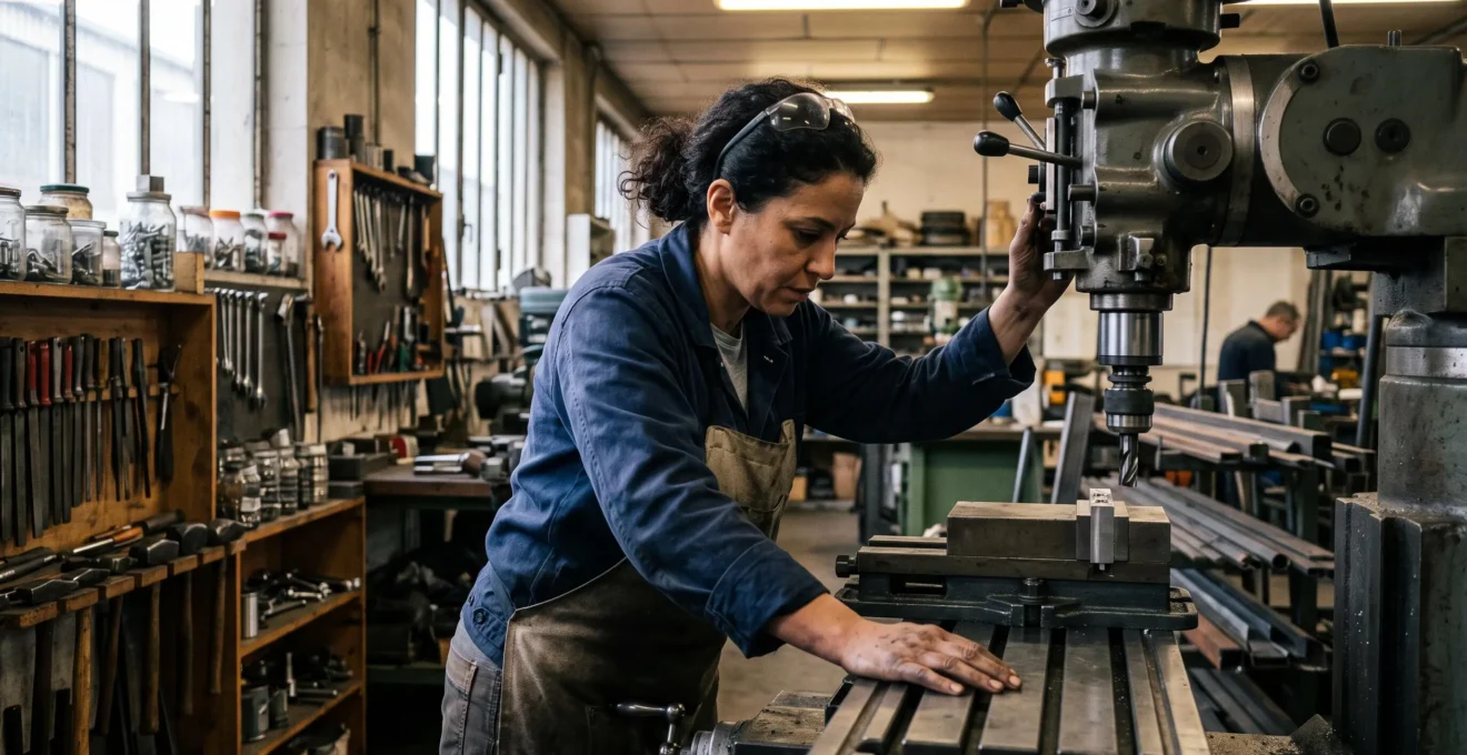 Artisan inspectant des équipements professionnels dans son atelier pouvant faire l'objet d'un nantissement bancaire