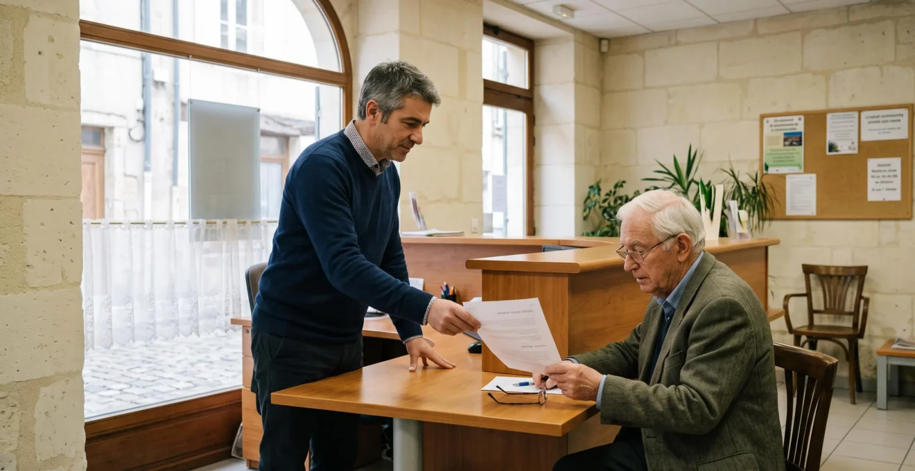 Un conseiller remet un document imprimé à un client assis dans une petite agence bancaire de quartier.