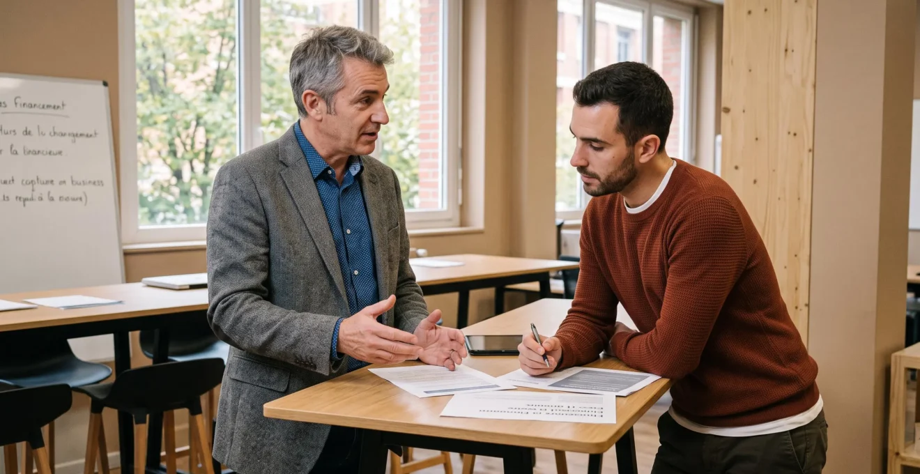 Conseiller spécialisé en financement professionnel expliquant les dispositifs publics de garantie à un entrepreneur