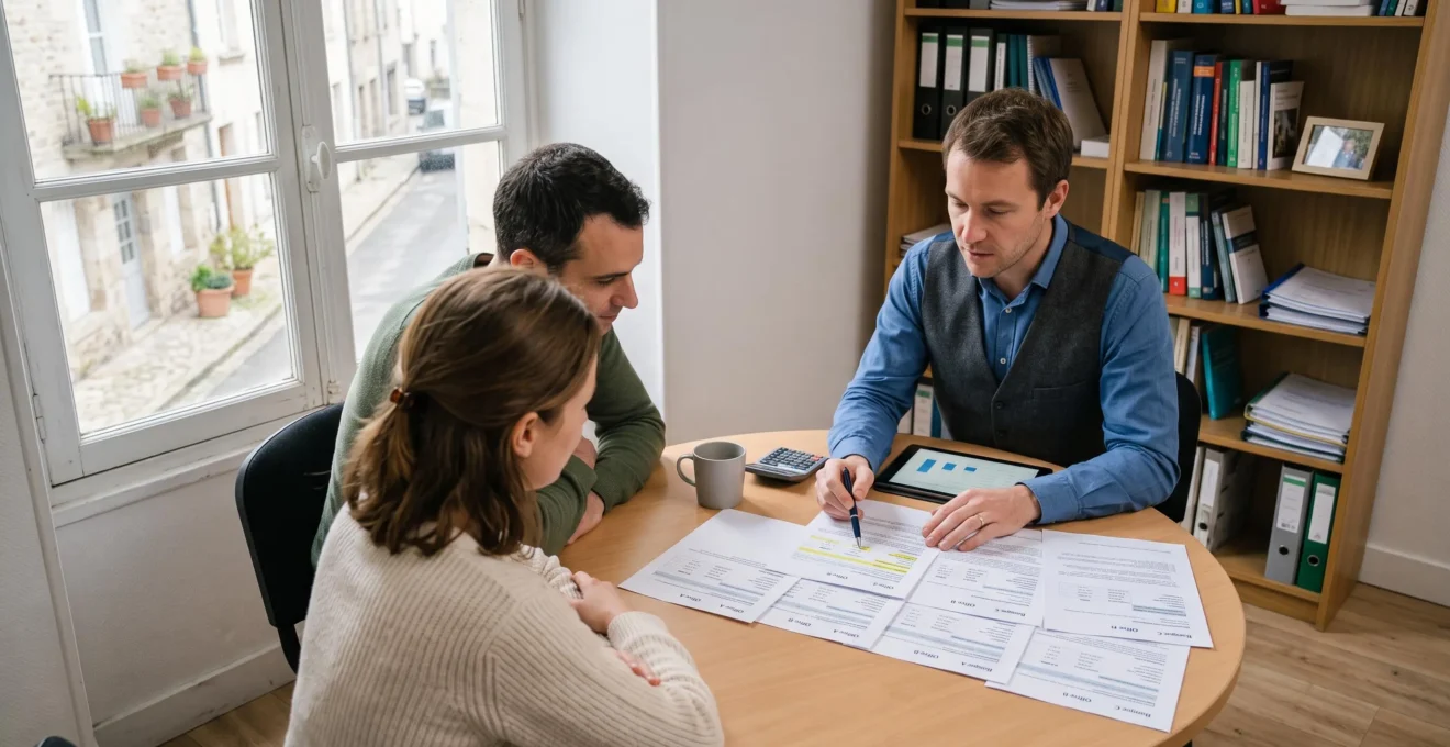 Un courtier compare plusieurs offres de prêt imprimées avec un couple assis à une table de son bureau.