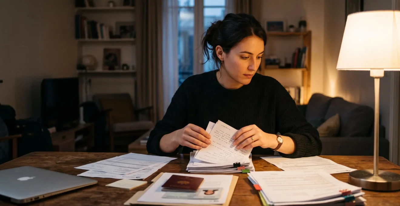 Une jeune femme trie ses bulletins de salaire et ses documents bancaires sur une table à la lampe, chez elle.