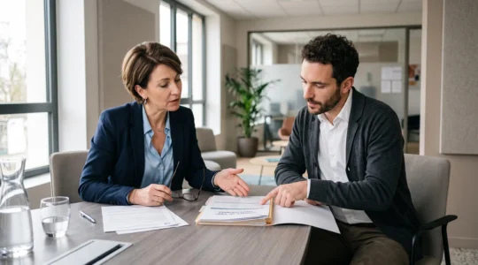 Conseiller bancaire et entrepreneur en réunion de financement professionnel examinant ensemble un dossier de prêt